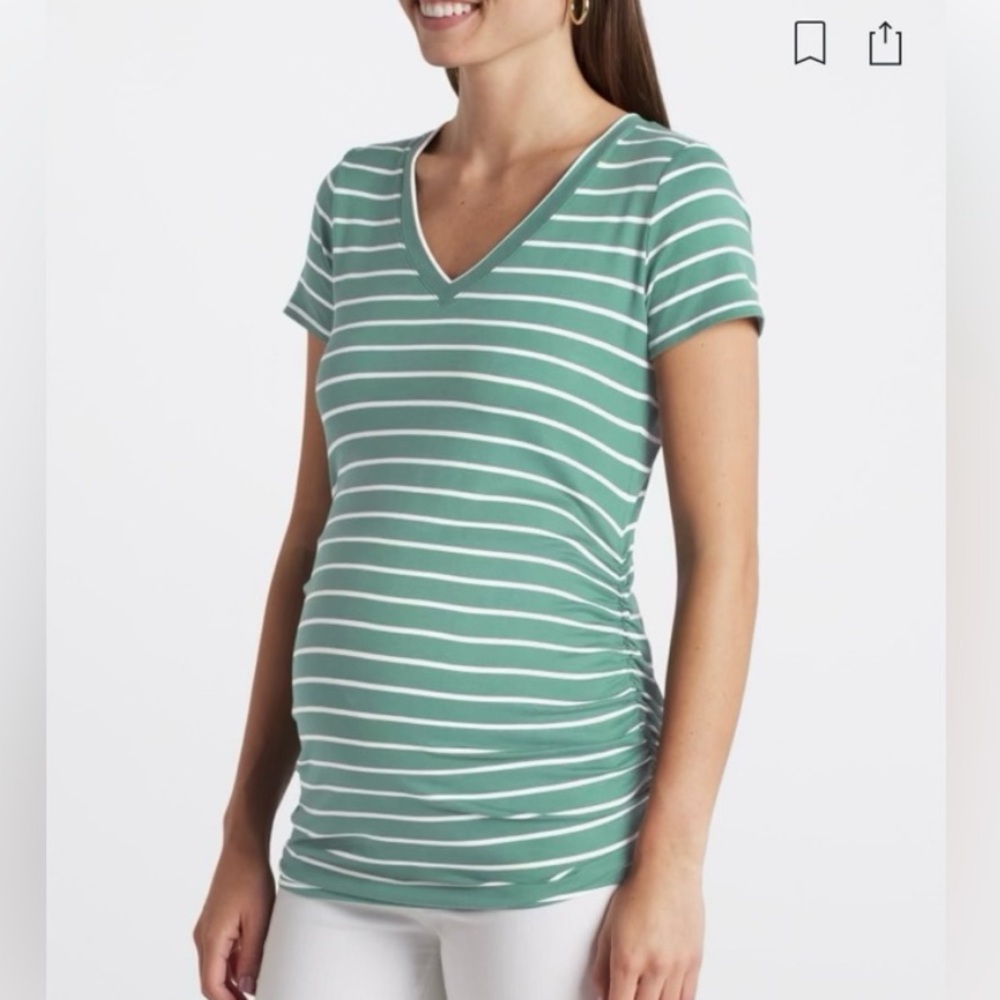 Full Moon Peppy Maternity Green Striped V-Neck Knit Top